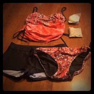 Salmon tankini suit with chocolate boy shorts